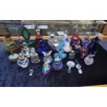 Collection of Glass Perfume Bottles, various shapes and colours, including cranberry glass,