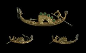 18ct Gold Signed Gondola Brooch, Set with Emeralds and Diamonds. Marked 750 - 18ct. Signed R.S.V.E.