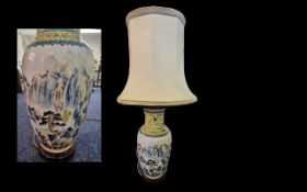 Large Ceramic Table Lamp, Oriental hand painted design of trees and mountains,