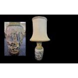 Large Ceramic Table Lamp, Oriental hand painted design of trees and mountains,