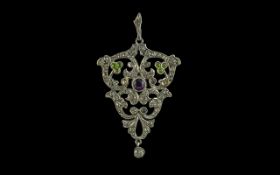 Suffragette Pendant - Early 20th Century White Metal Jewelled Pendant, Stamped 800 for Silver.