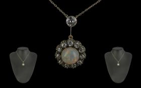 Victorian Period - Superb Platinum and Gold Diamond and Opal Set Integral Necklace with Drop,