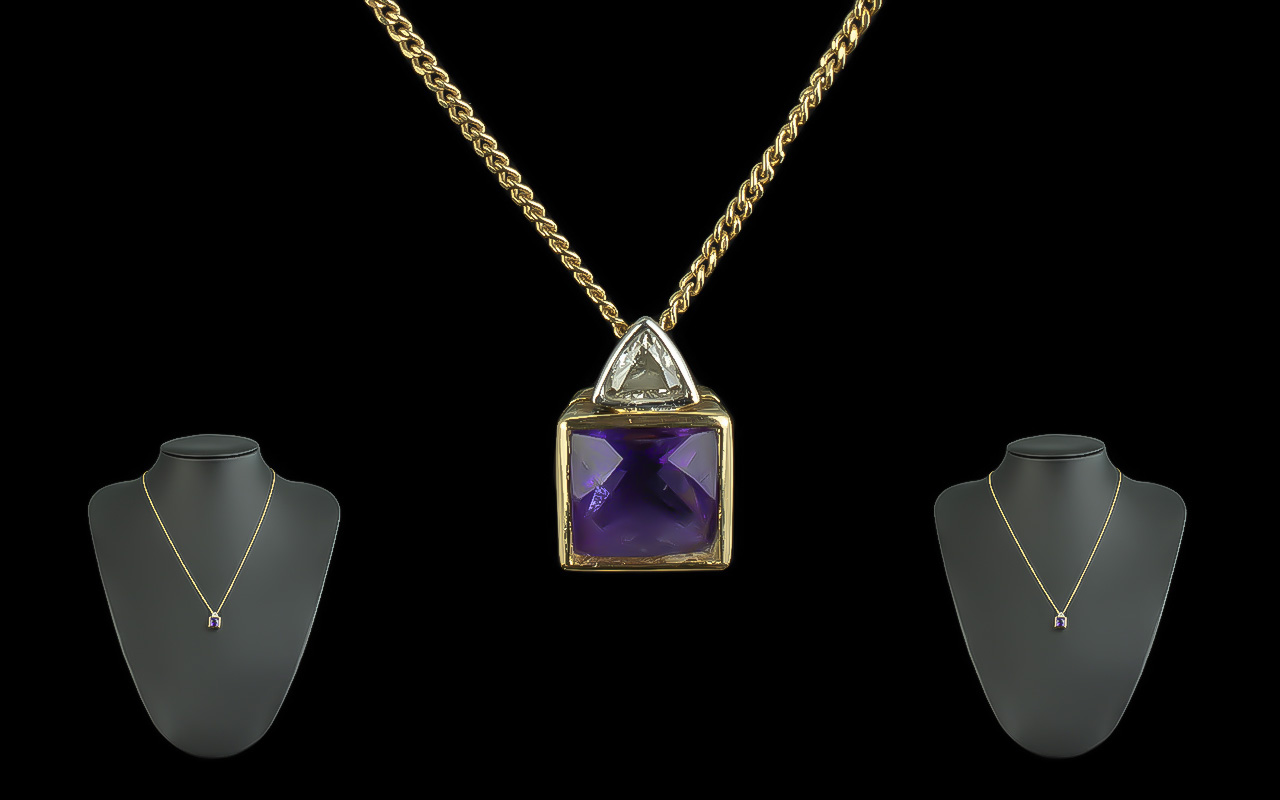 18ct Gold - Diamond and Amethyst Set Square Pendant - Attached to a 18ct Gold Chain. Both Pendant