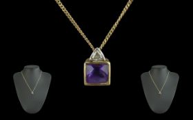 18ct Gold - Diamond and Amethyst Set Square Pendant - Attached to a 18ct Gold Chain. Both Pendant