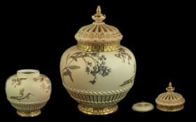 Royal Worcester Persian Style Reticulated Handpainted Blush Ivory Large Pot-Pourri Lidded Vase,