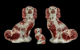 Three Antique Staffordshire Flat Back Dogs, 2 x 12'' high and 1 x 6'', with orange/brown spots.