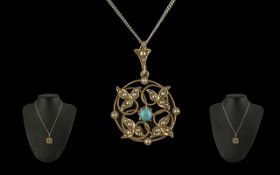 Victorian Period - Attractive 15ct Gold Turquoise and Seed Pearl Pendant, Attached to a Later 9ct
