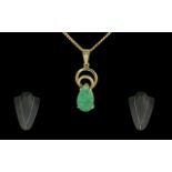 18ct Gold Superior Quality Tear Drop Jade Stone Pendant attached to a long 18ct Gold excellent