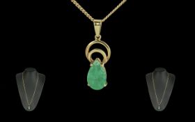 18ct Gold Superior Quality Tear Drop Jade Stone Pendant attached to a long 18ct Gold excellent