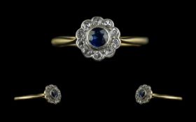 Antique Period Ladies 18ct Gold Sapphire and Diamond Set Cluster Ring. Marked 18ct to Interior of