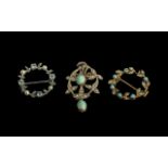 Antique Period - Attractive and Exquisite Trio of 15ct & 9ct Small Circular Gem Set Brooches /