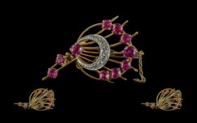 18ct Two Tone Gold Fine & Exquisite Ruby & Diamond Set Brooch, pleasing design and form, marked