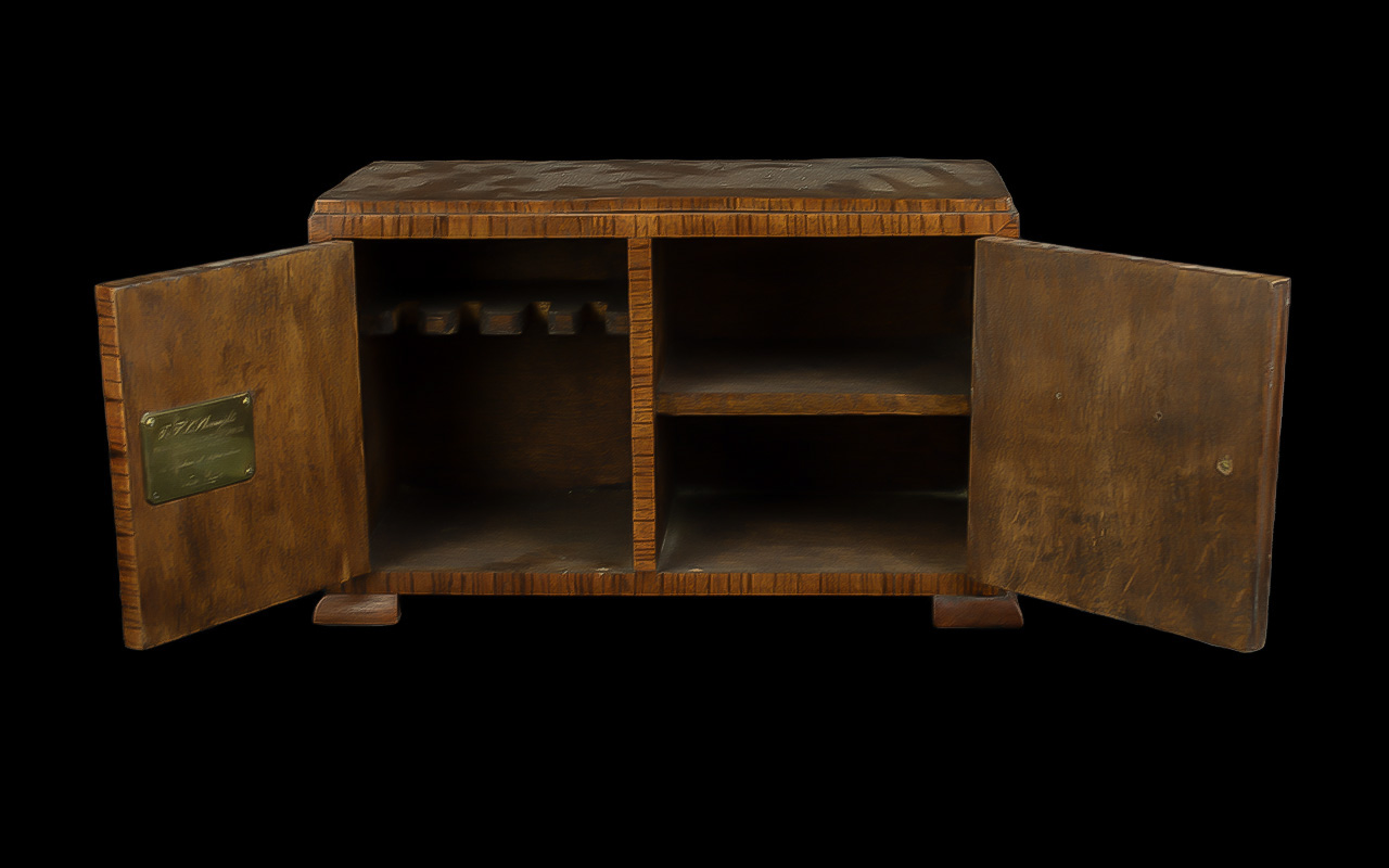 Art Deco Smokers Cabinet. 2 Drawer Smokers Cabinet, Walnut Veneer, 9 Inches High & 14.5 Inches Wide.