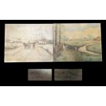 Two Oil on Canvas Paintings by J W Green, one depicting a country winter scene with cart horses, and