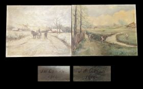 Two Oil on Canvas Paintings by J W Green, one depicting a country winter scene with cart horses, and