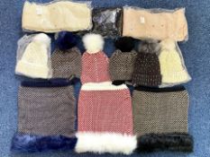 Box of Assorted Winter Bobble Hats, scarves, mufflers, etc. Pearl and sequin decoration, assorted
