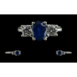 Ladies 18ct White Gold 3 Stone Sapphire and Diamond Set Ring. Full Hallmark to Interior of Shank.