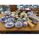 Large Collection of Willow Pattern Blue & White China, including plates, cups, saucers, gravy