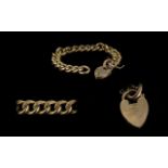 Antique Period - Attractive 9ct Gold Curb Bracelet with Heart Shaped 9ct Gold Padlock. c.1900. The