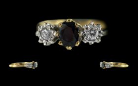 18ct Gold Attractive 3 Stone Sapphire & Diamond Set Ring. Full hallmark to shank. Diamonds and
