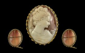 A Fine 9ct Gold Mounted Shell Cameo / Brooch of Oval Form, Depicting The Bust of a Young Woman