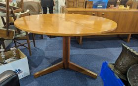 Round Teak Dining Table, on pedestal base, with six dining chairs with round upholstered seat and
