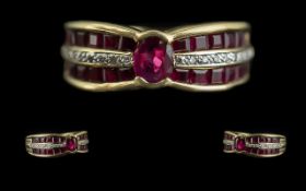 Ladies 18ct Gold Modern Ruby & Diamond Set Ring, marked 750 - 18ct to interior of shank. The step-