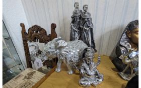 Large Mirror Decorated Elephant, 10'' tall, together with a Hindu Ganesha figure 9'' tall, and a