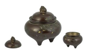 Oriental Lidded Pot, inlaid with Shibayama butterfly decoration. Round shape with tripod feet and