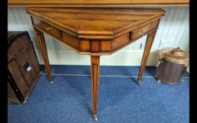 Hall Table Triangular Shape, two drawers with brass knobs, inlaid decoration, raised on four tapered