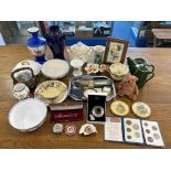 Box of Assorted Collectible Porcelain & Pottery, including a Troy 9.5'' blue vase, decorated with