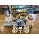 Box of Miscellaneous Items, comprising a brass tea set, Paragon china figure, Royal Worcester Figure