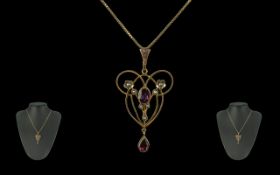 Edwardian Period 1902 - 1910 Attractive 9ct Gold Open-Worked Pendant - Set with Amethyst and Seed