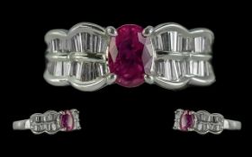 Platinum Quality & Contemporary Designed Diamond & Ruby Set Dress Ring, marked 900. The central