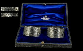 Victorian Period Fine Pair of Boxed Sterling Silver Napkin Holders, hallmark Birmingham 1885.