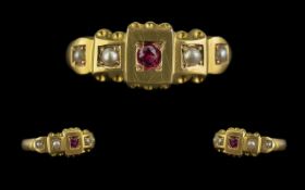 Edwardian Period 1901 - 1910 15ct Gold Ruby and Seed Pearl Set Ring, Ornate Setting. Marked 625.