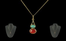 18ct Gold - Attractive Coral and Turquoise Set Pendant Drop, Marked 750 - 18ct, With Attached 9ct