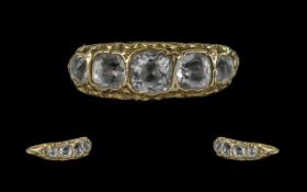 Antique Period Attractive 15ct Gold - 5 Stone Set Ring, Ornate Designed Shank / Setting. Marked 625,