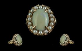 Ladies Attractive 9ct Gold Opal and Seed Pearl Set Cluster Ring. Full Hallmark to Interior of Shank.