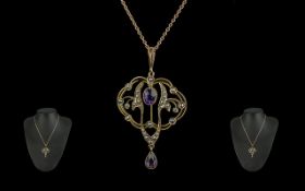 Edwardian Period 1902 - 1910 Attractive 9ct Gold Black Seed Pearl and Amethyst Set Open Worked