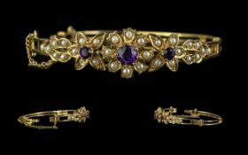 Victorian Period - Pleasing and Attractive Ornate Hinged Bangle, Set with Amethyst and Seed