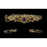 Victorian Period - Pleasing and Attractive Ornate Hinged Bangle, Set with Amethyst and Seed