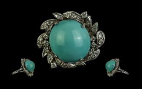 18ct White Gold ' Statement ' 1930'S Turquoise and Diamond Set Dress Ring. The Large Cabochon Cut