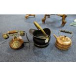 A Collection of Copper, comprising Kettle, Scuttle & Vintage Telephone.