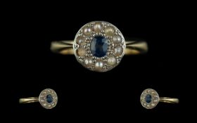Antique Period Pleasing 18ct Gold & Platinum Pearl & Blue Sapphire Set Ring, flowerhead design,
