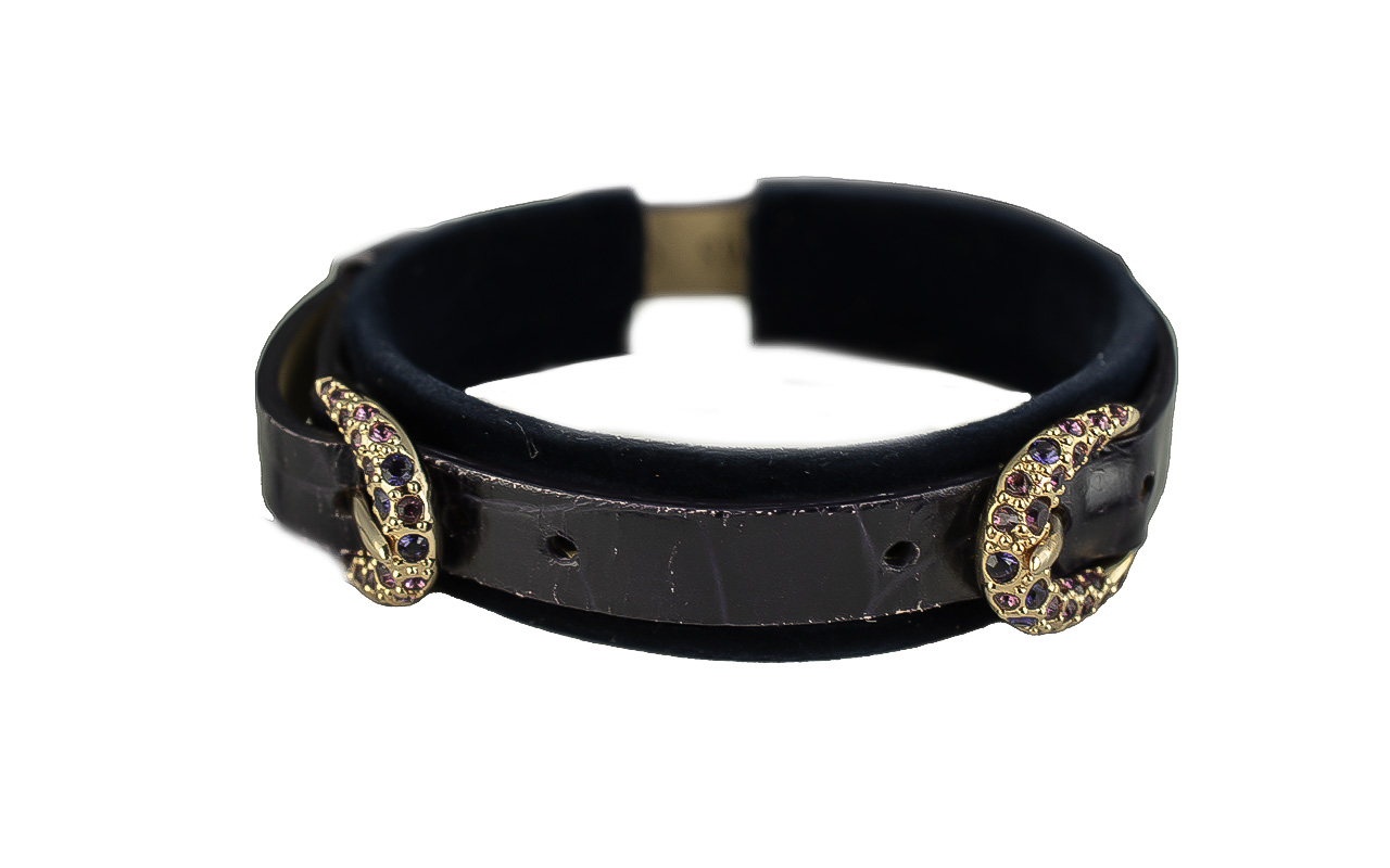 Swarovski Ladies Bracelet, leather with two crystal buckle decorations set with lilac stones. In