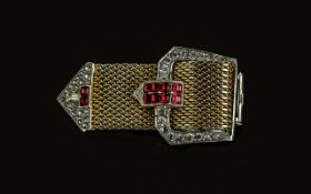 Art Deco Style Clasp Brooch, stamped Boucher 7309, decorated with faux diamond and ruby stones and