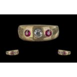 18ct Gold - Superior Quality 3 Stone Ruby and Diamond Set Ring. The Pave Set Rubies and Diamond of