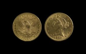 United States of America Liberty Head 5 Gold Dollar, dated 1901. Extremely fine condition.
