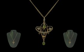 Edwardian Period 1902 - 1910 Attractive 9ct Gold Open-Worked Pendant Drop, Set with Peridots and